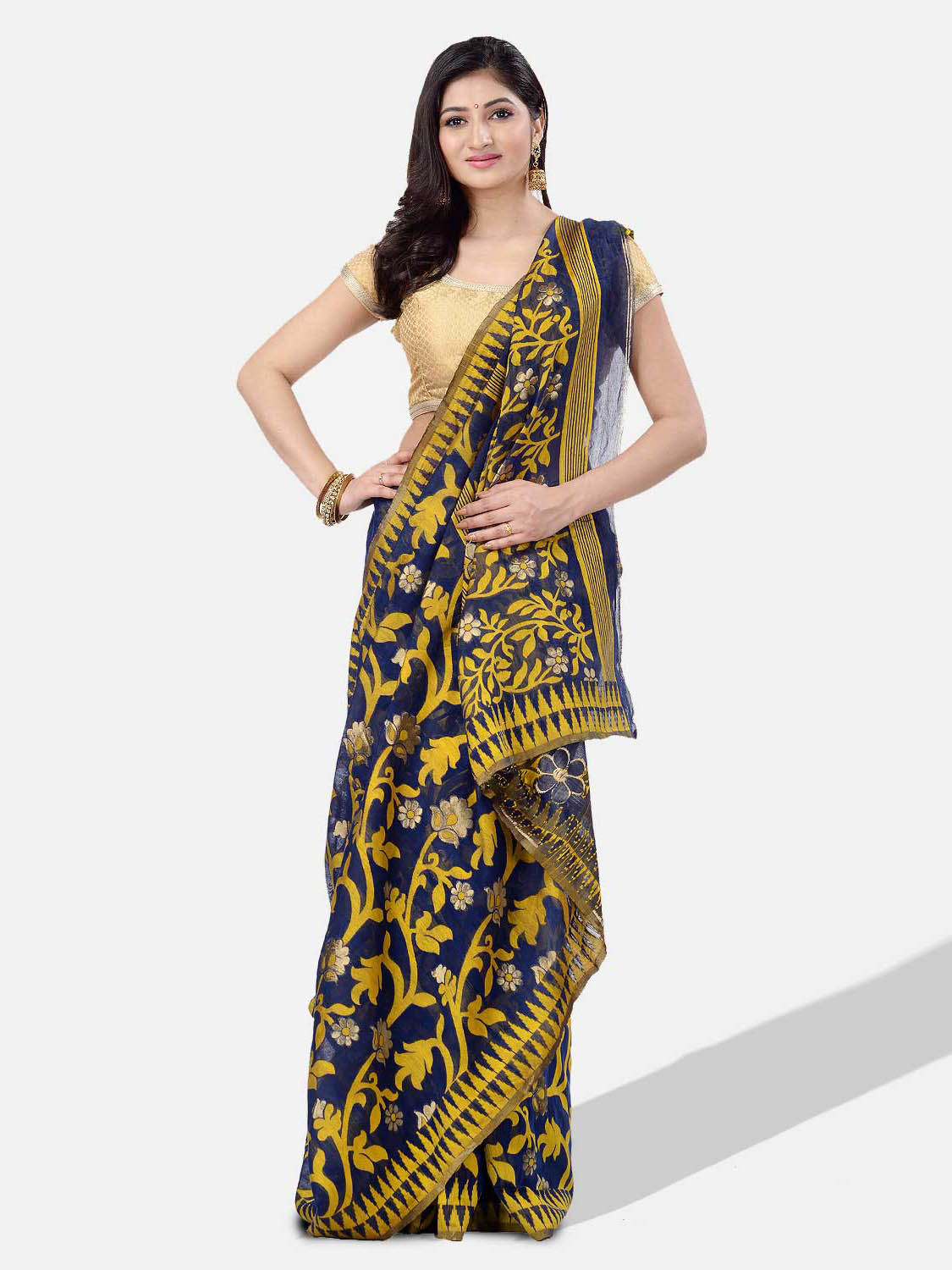 Women`s Handloom Soft Resham Dhakai jamdani Bengal Cotton Silk Tant Saree Whole Body Design with Blouse Pcs (Deep Yellow Dark Blue)